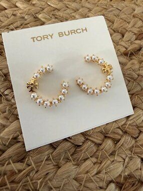 Tory Burch Classic Pearl C-Hoop Earrings